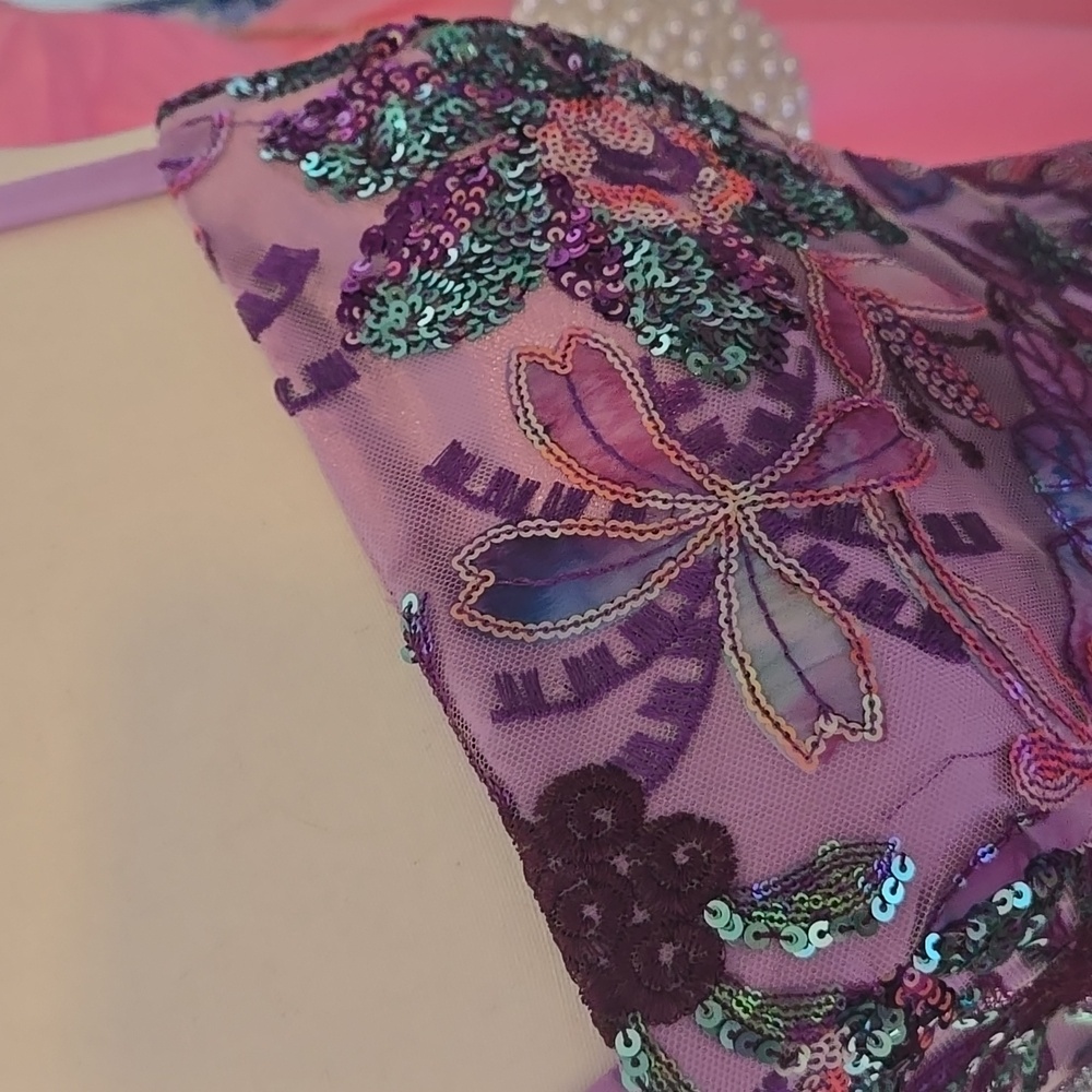 Boston Proper Floral Embroided Mesh Applique Ruffle Slit Midi Purple Dress - Picture 16 of 17